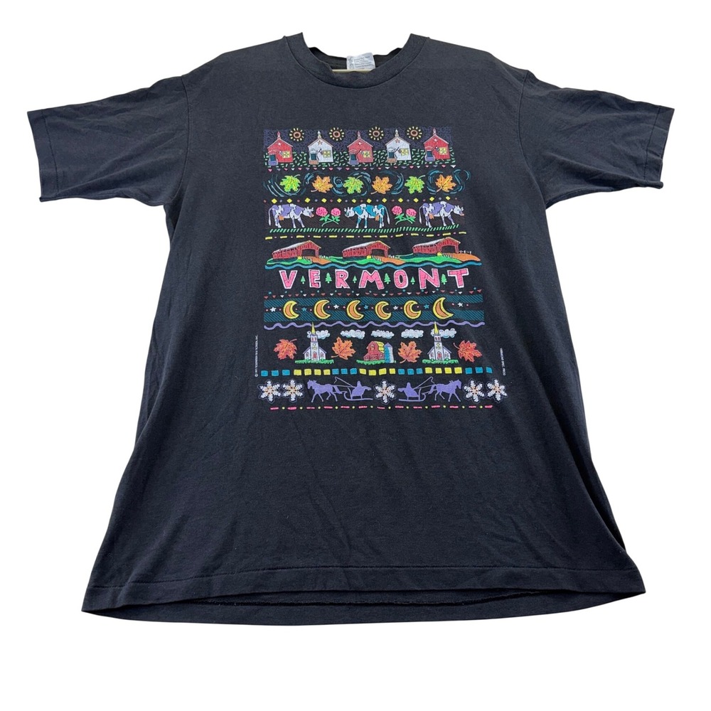 Hanes T-Shirt Mens L Black Vermont 1991 Vintage Graphic Single Stitch Tee